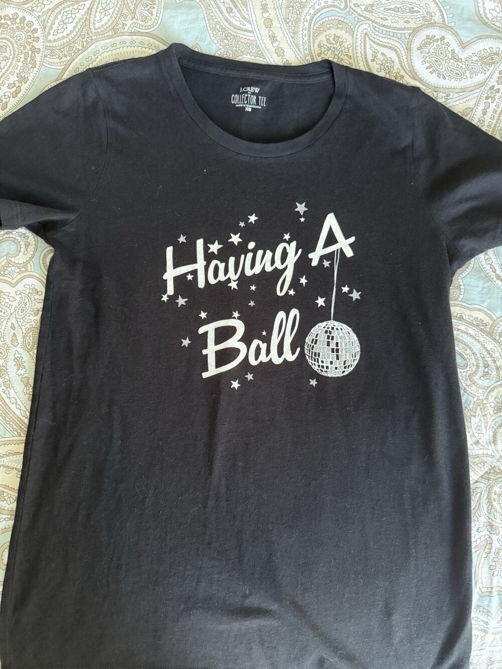 J.Crew Cotton Collector Tee Black "Having A Ball" Disco Glitter Stars X Small